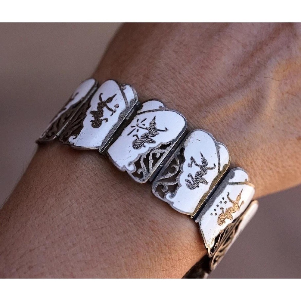 Vintage Thai Nakon Sterling Silver Siam Siamese Dancer‎ Panel Bracelet 7" Enamel